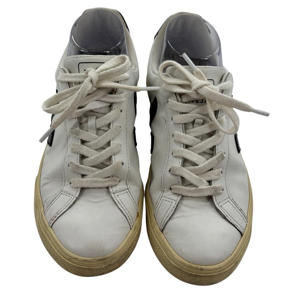 VEJA White Leather Low Top Retro Black Logo Sneakers - Picture 3 of 13